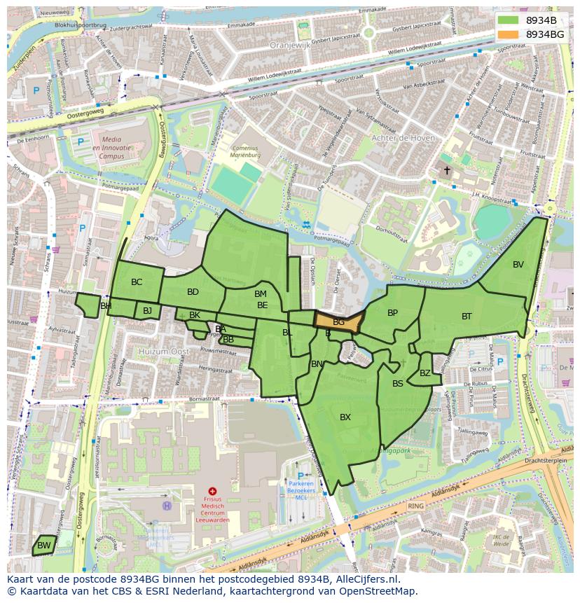 Afbeelding van het postcodegebied 8934 BG op de kaart.