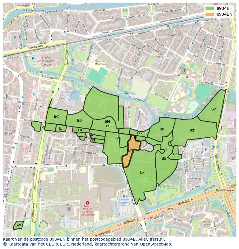 Afbeelding van het postcodegebied 8934 BN op de kaart.