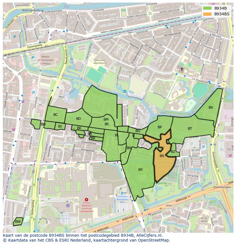 Afbeelding van het postcodegebied 8934 BS op de kaart.