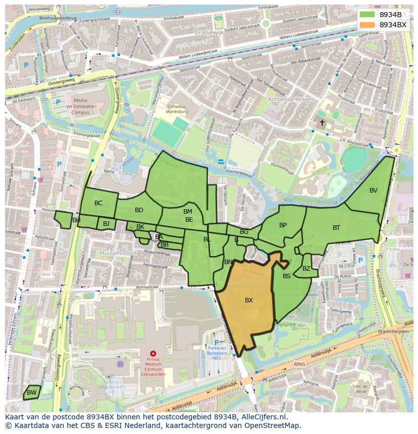 Afbeelding van het postcodegebied 8934 BX op de kaart.