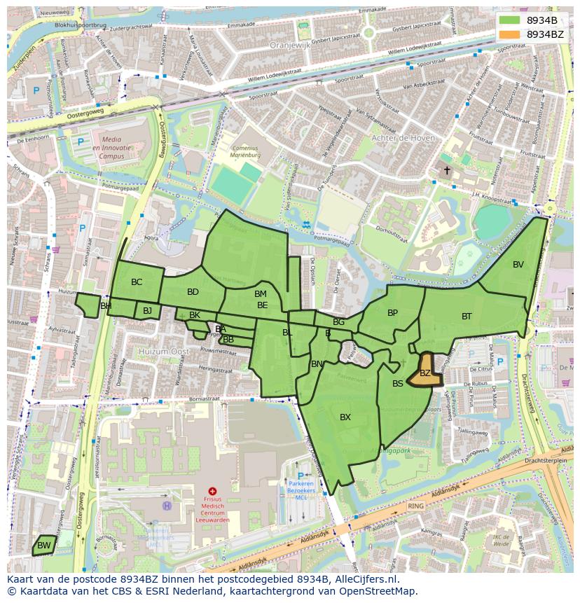 Afbeelding van het postcodegebied 8934 BZ op de kaart.