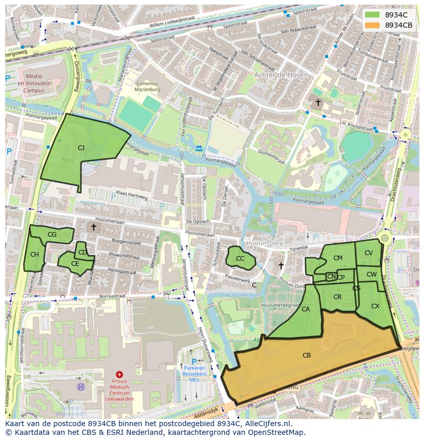 Afbeelding van het postcodegebied 8934 CB op de kaart.