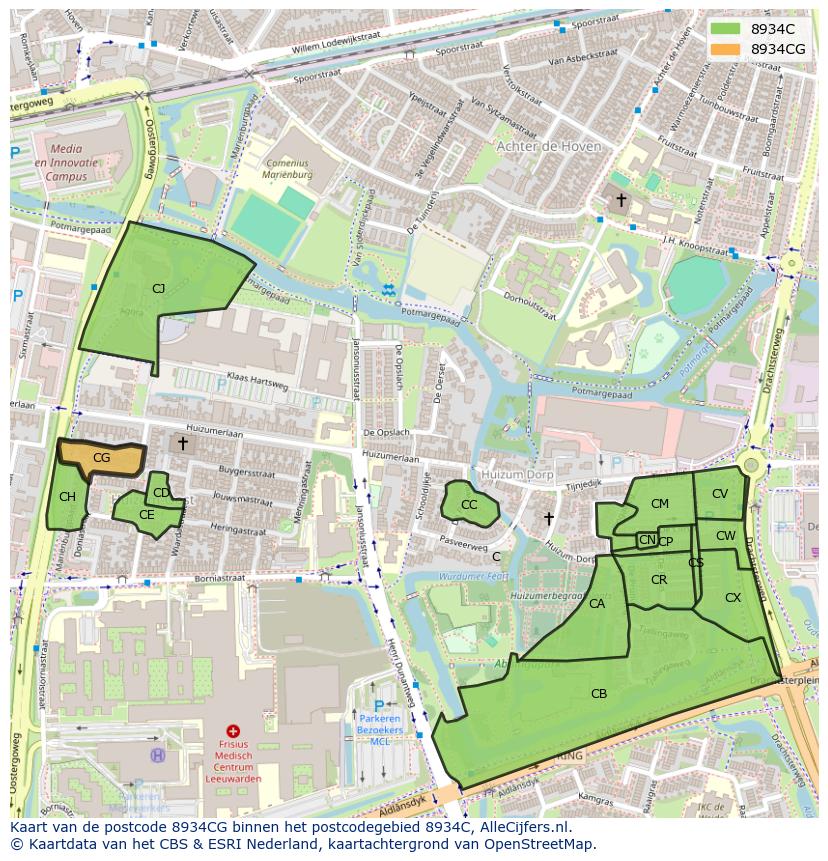 Afbeelding van het postcodegebied 8934 CG op de kaart.