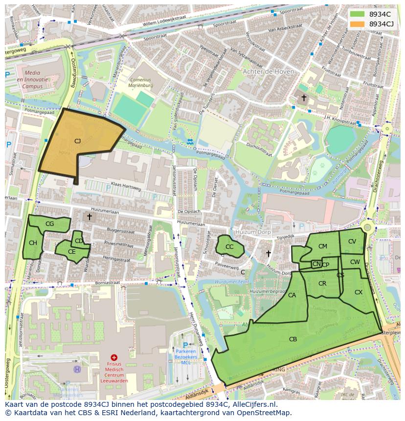 Afbeelding van het postcodegebied 8934 CJ op de kaart.