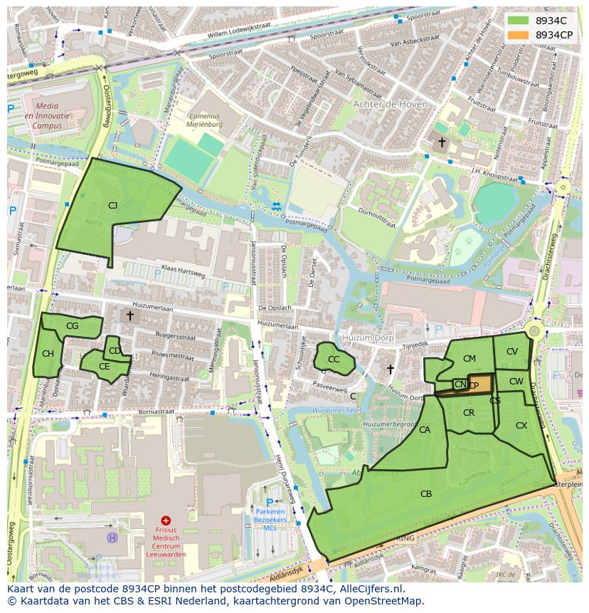 Afbeelding van het postcodegebied 8934 CP op de kaart.