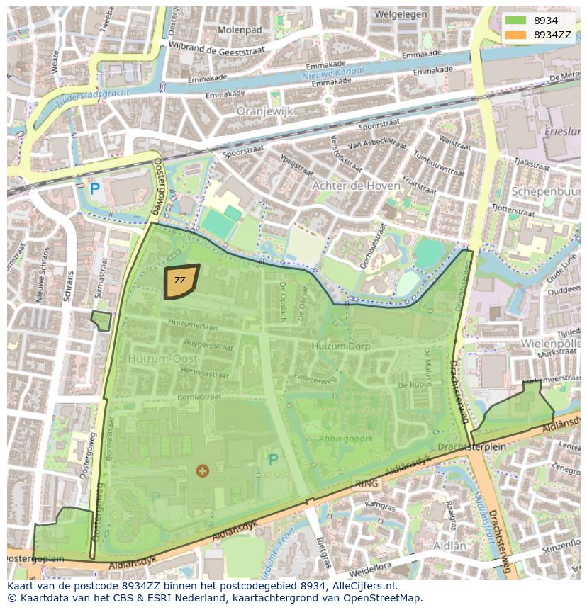 Afbeelding van het postcodegebied 8934 ZZ op de kaart.