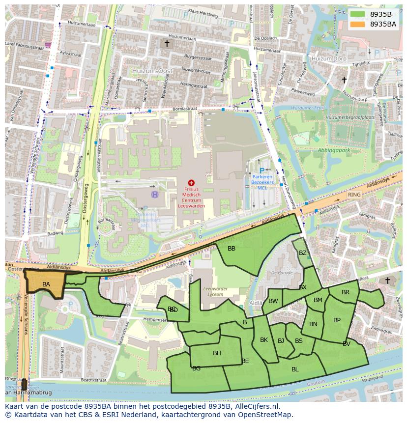 Afbeelding van het postcodegebied 8935 BA op de kaart.