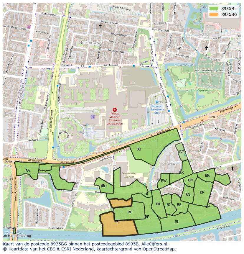 Afbeelding van het postcodegebied 8935 BG op de kaart.