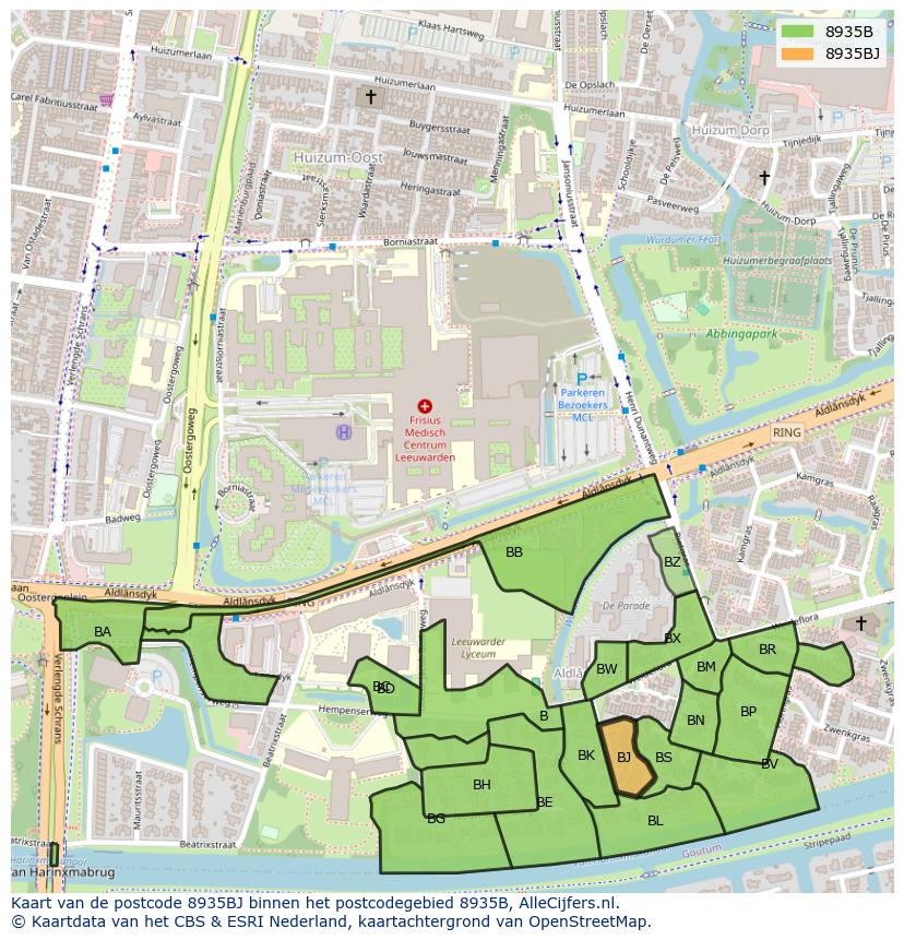 Afbeelding van het postcodegebied 8935 BJ op de kaart.