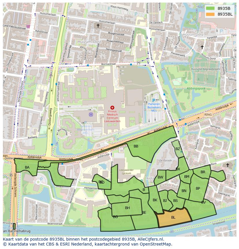 Afbeelding van het postcodegebied 8935 BL op de kaart.
