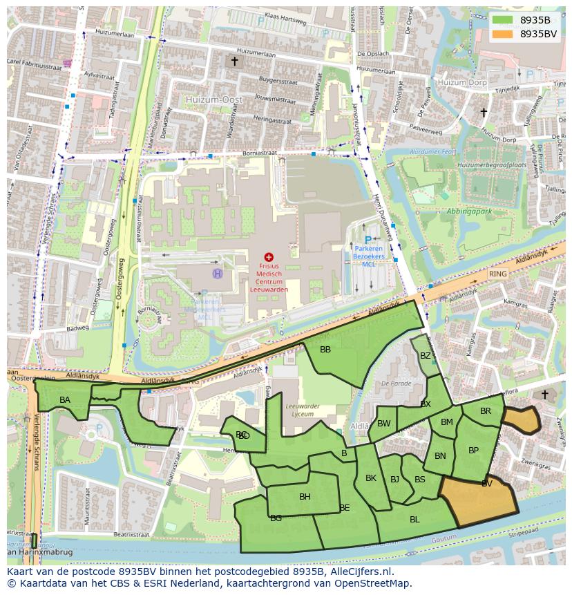 Afbeelding van het postcodegebied 8935 BV op de kaart.