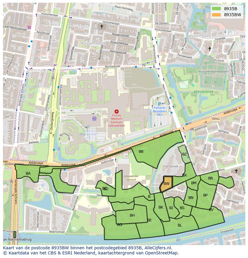 Afbeelding van het postcodegebied 8935 BW op de kaart.