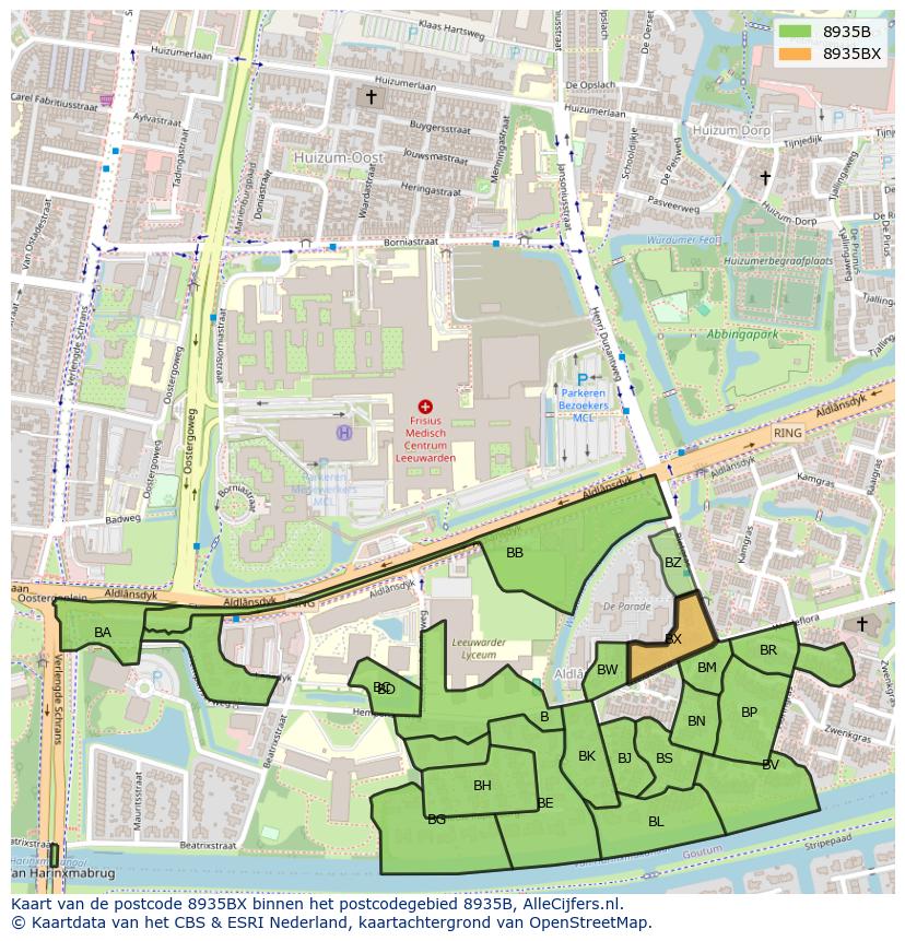 Afbeelding van het postcodegebied 8935 BX op de kaart.