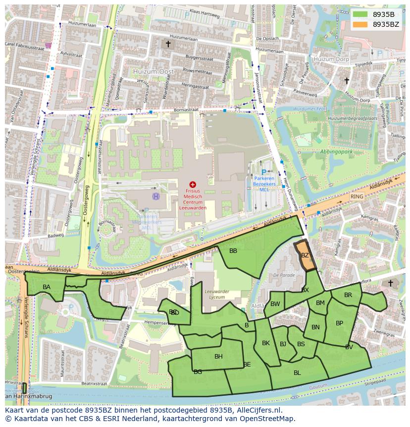 Afbeelding van het postcodegebied 8935 BZ op de kaart.