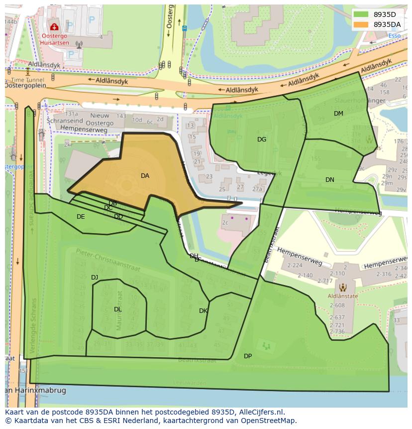 Afbeelding van het postcodegebied 8935 DA op de kaart.