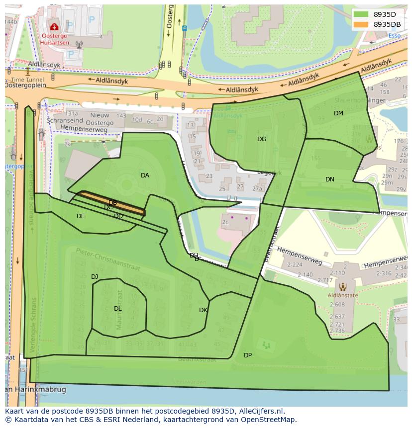 Afbeelding van het postcodegebied 8935 DB op de kaart.