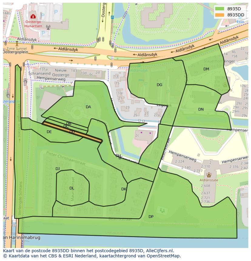 Afbeelding van het postcodegebied 8935 DD op de kaart.