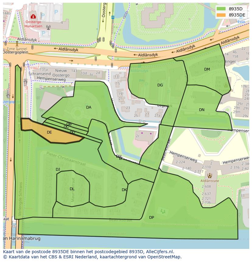 Afbeelding van het postcodegebied 8935 DE op de kaart.