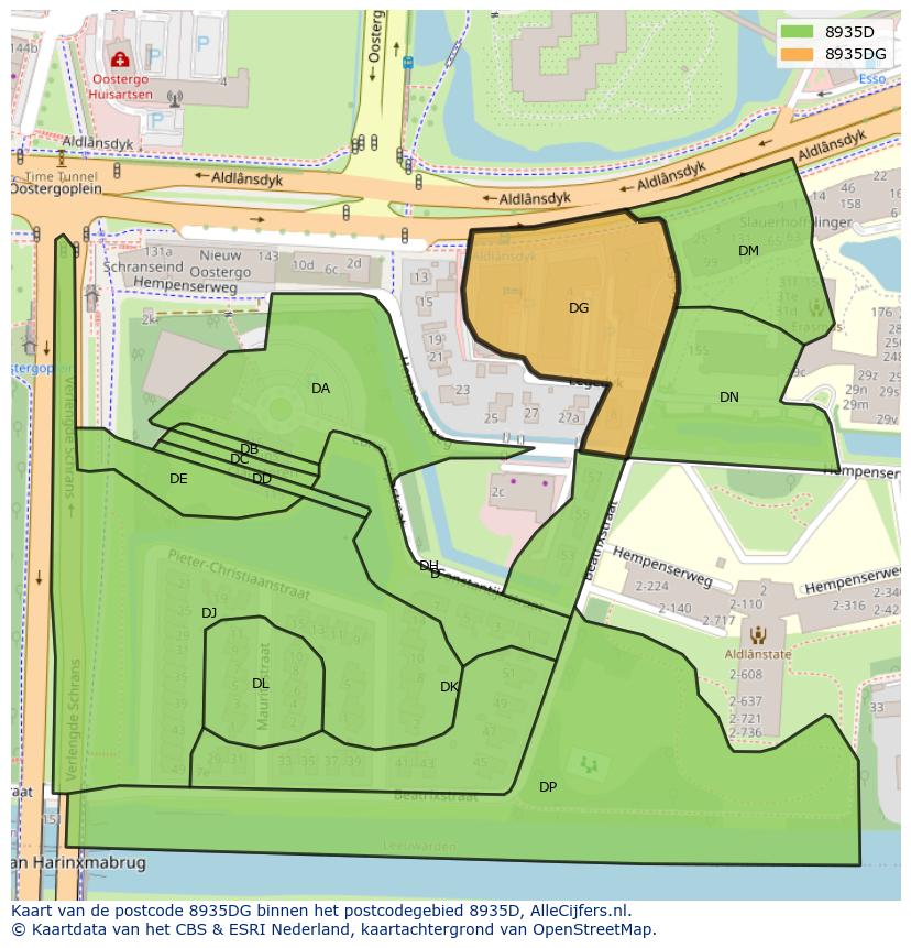 Afbeelding van het postcodegebied 8935 DG op de kaart.