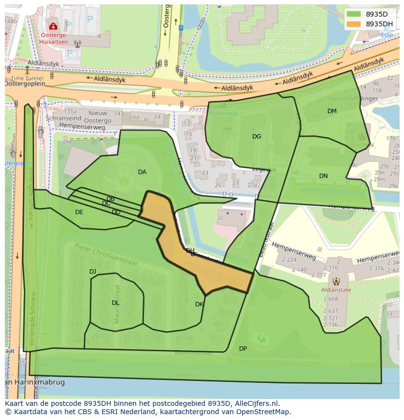 Afbeelding van het postcodegebied 8935 DH op de kaart.