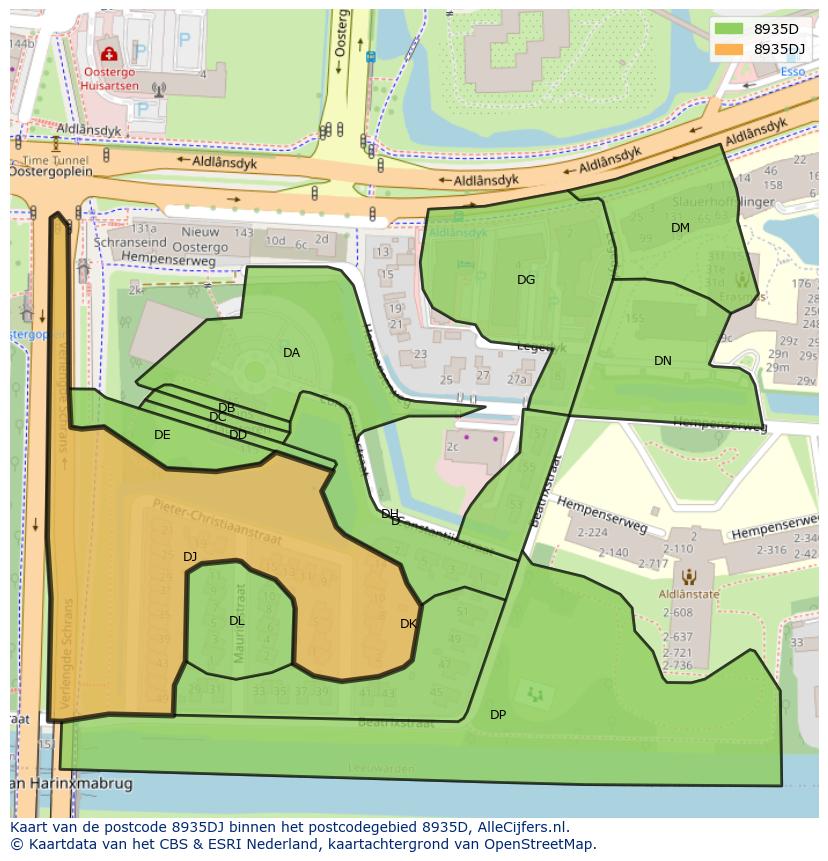 Afbeelding van het postcodegebied 8935 DJ op de kaart.
