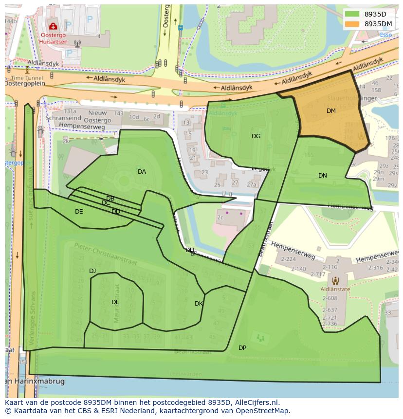 Afbeelding van het postcodegebied 8935 DM op de kaart.