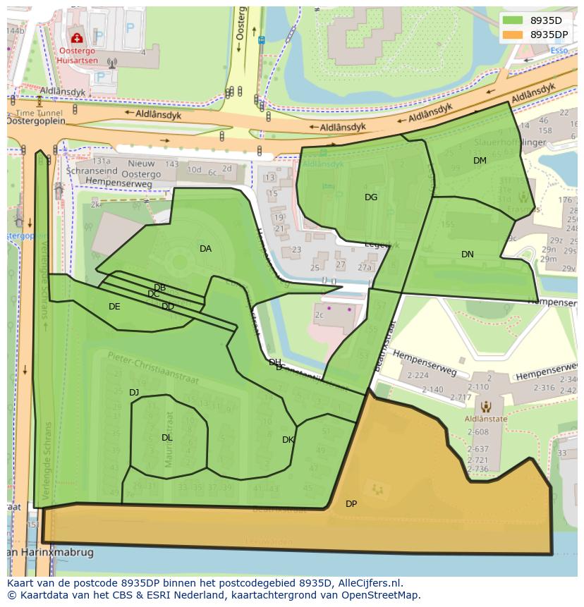 Afbeelding van het postcodegebied 8935 DP op de kaart.