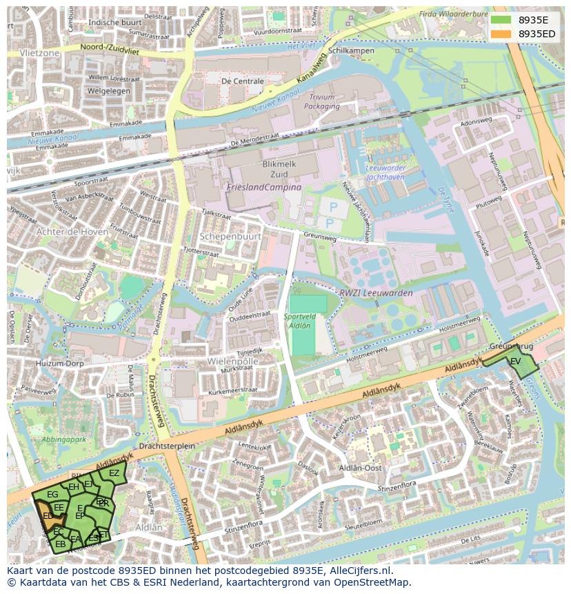 Afbeelding van het postcodegebied 8935 ED op de kaart.