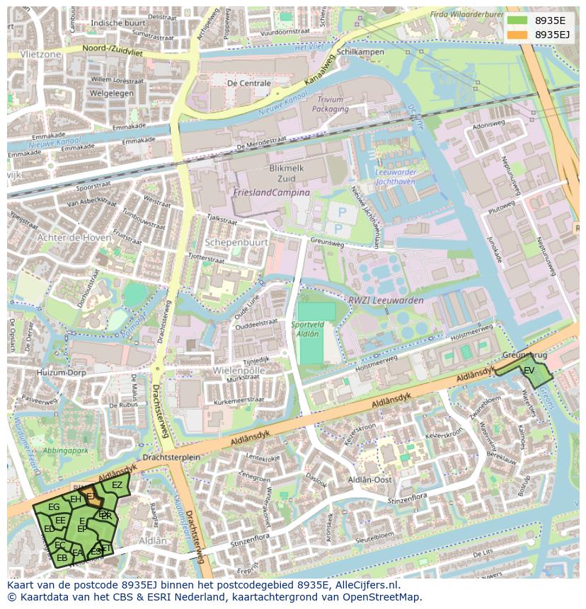 Afbeelding van het postcodegebied 8935 EJ op de kaart.