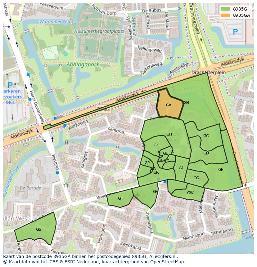 Afbeelding van het postcodegebied 8935 GA op de kaart.