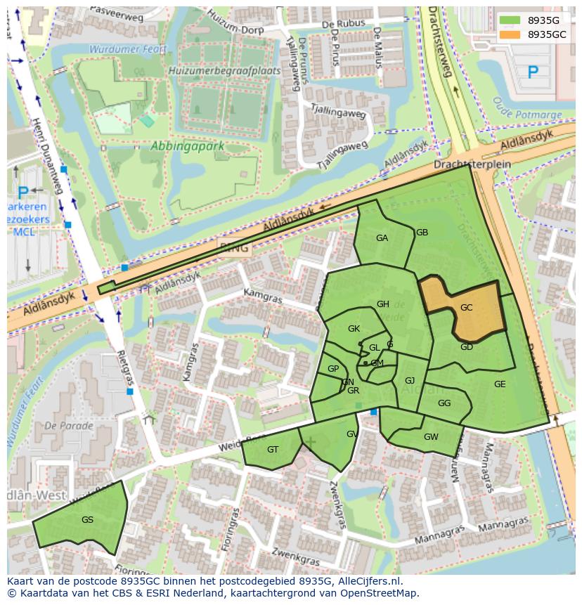 Afbeelding van het postcodegebied 8935 GC op de kaart.
