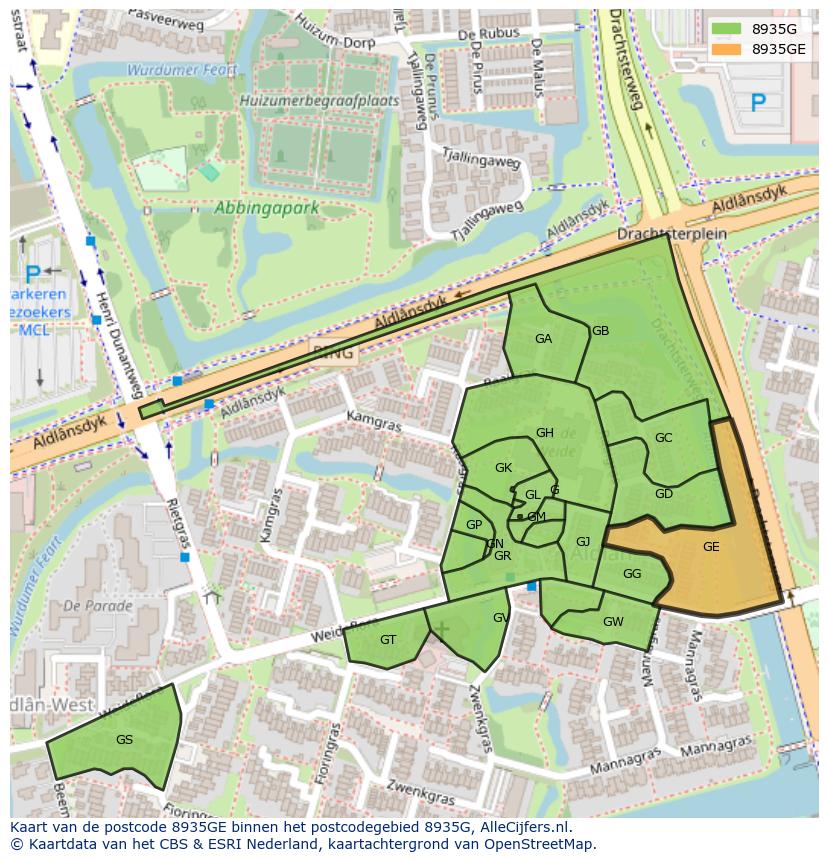 Afbeelding van het postcodegebied 8935 GE op de kaart.