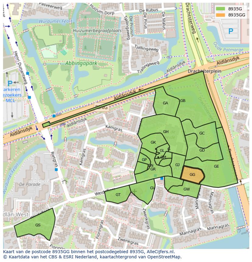 Afbeelding van het postcodegebied 8935 GG op de kaart.