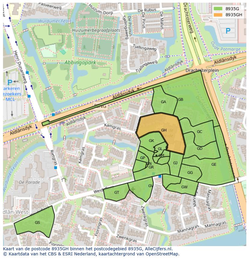 Afbeelding van het postcodegebied 8935 GH op de kaart.