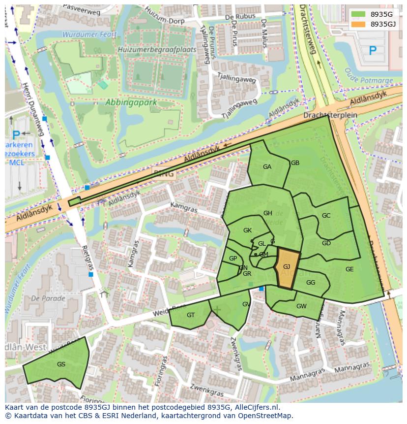 Afbeelding van het postcodegebied 8935 GJ op de kaart.