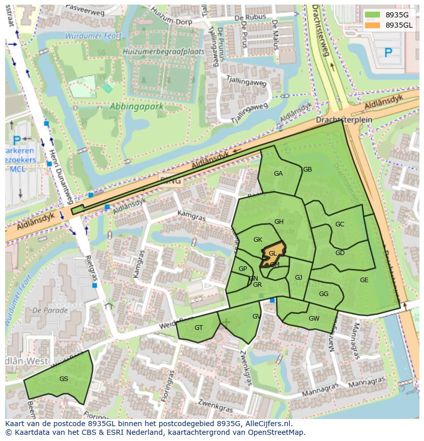 Afbeelding van het postcodegebied 8935 GL op de kaart.