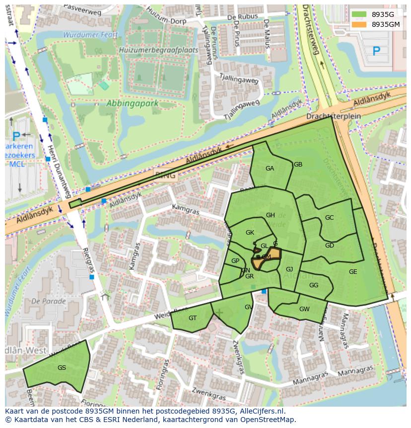 Afbeelding van het postcodegebied 8935 GM op de kaart.