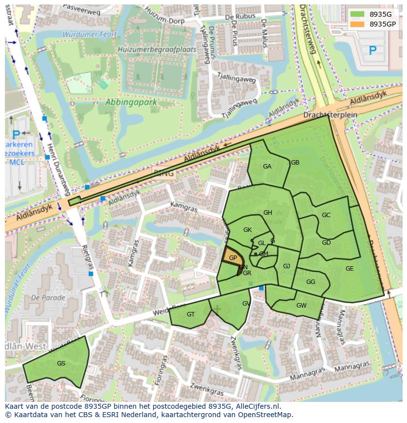 Afbeelding van het postcodegebied 8935 GP op de kaart.