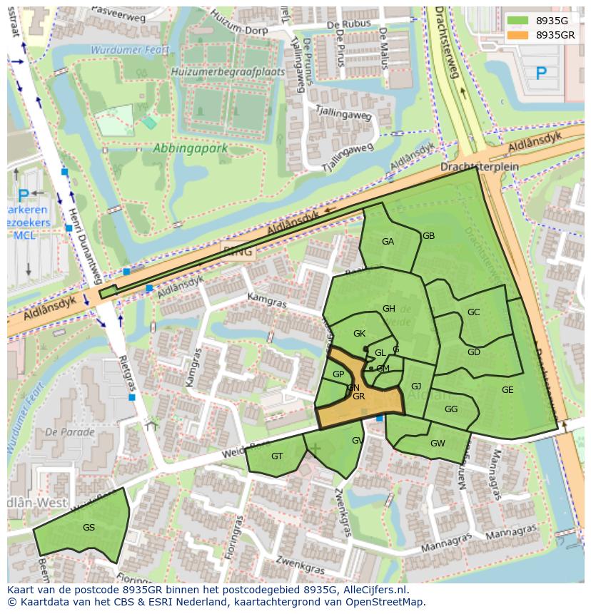 Afbeelding van het postcodegebied 8935 GR op de kaart.