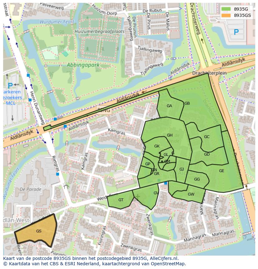 Afbeelding van het postcodegebied 8935 GS op de kaart.