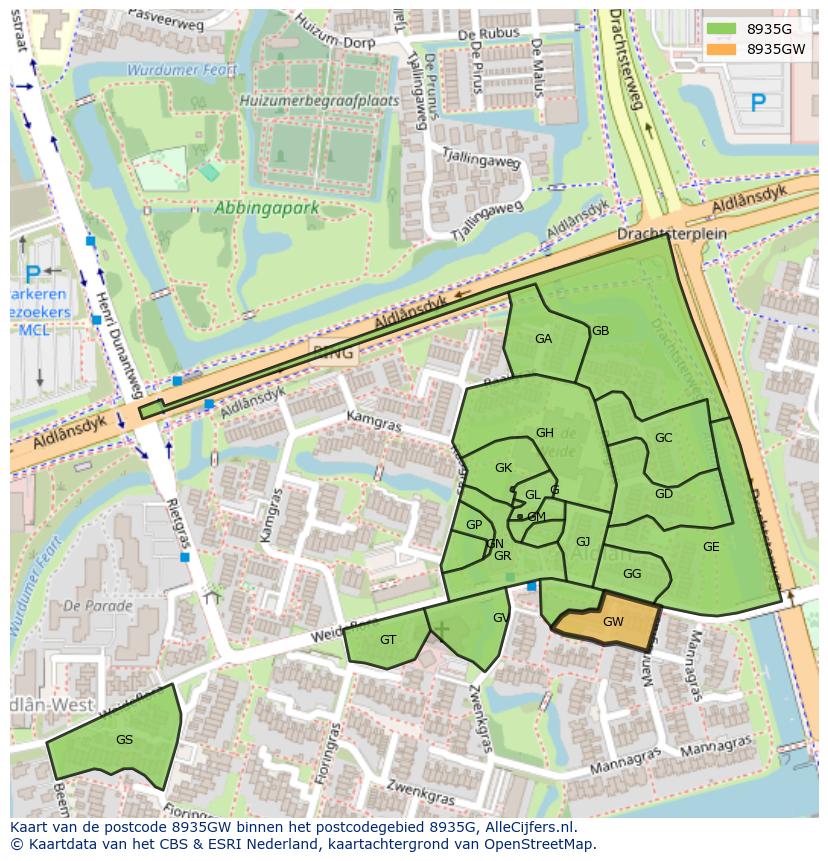 Afbeelding van het postcodegebied 8935 GW op de kaart.