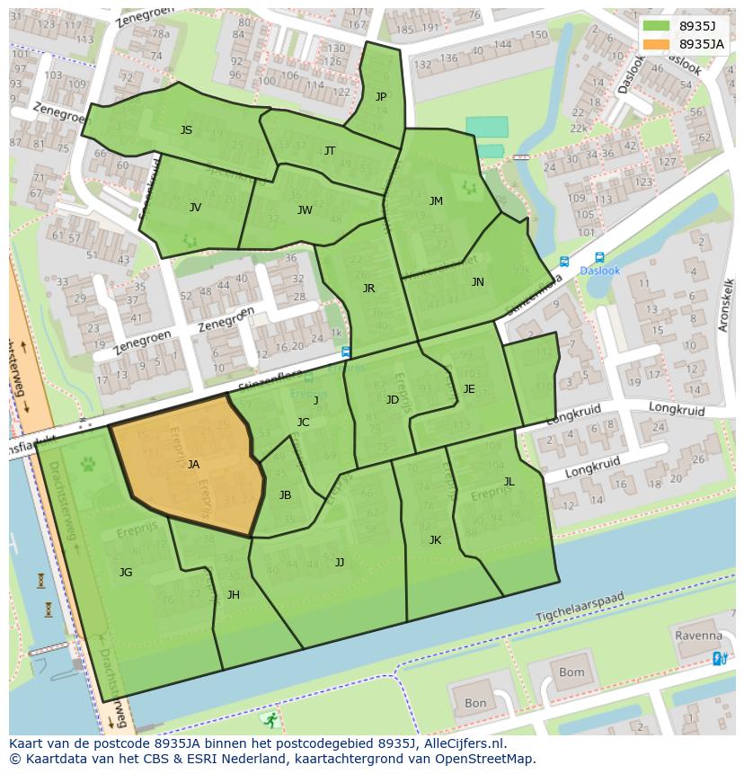 Afbeelding van het postcodegebied 8935 JA op de kaart.