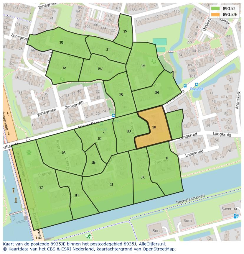 Afbeelding van het postcodegebied 8935 JE op de kaart.