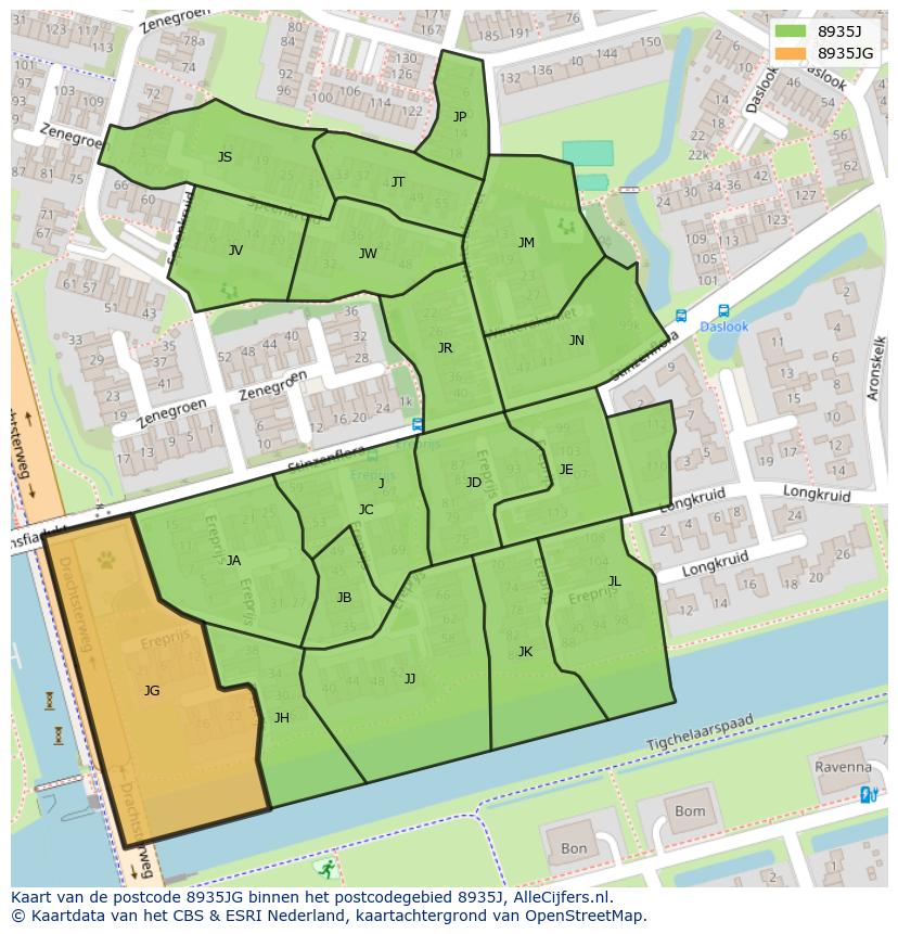 Afbeelding van het postcodegebied 8935 JG op de kaart.