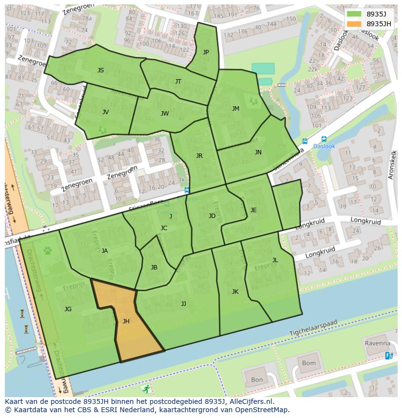 Afbeelding van het postcodegebied 8935 JH op de kaart.