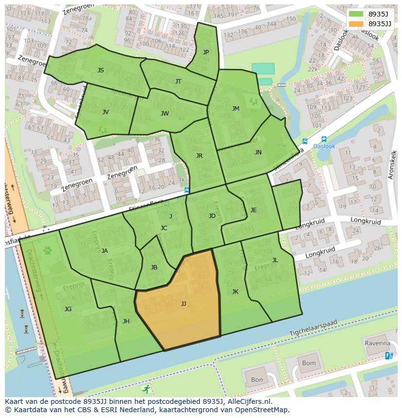 Afbeelding van het postcodegebied 8935 JJ op de kaart.