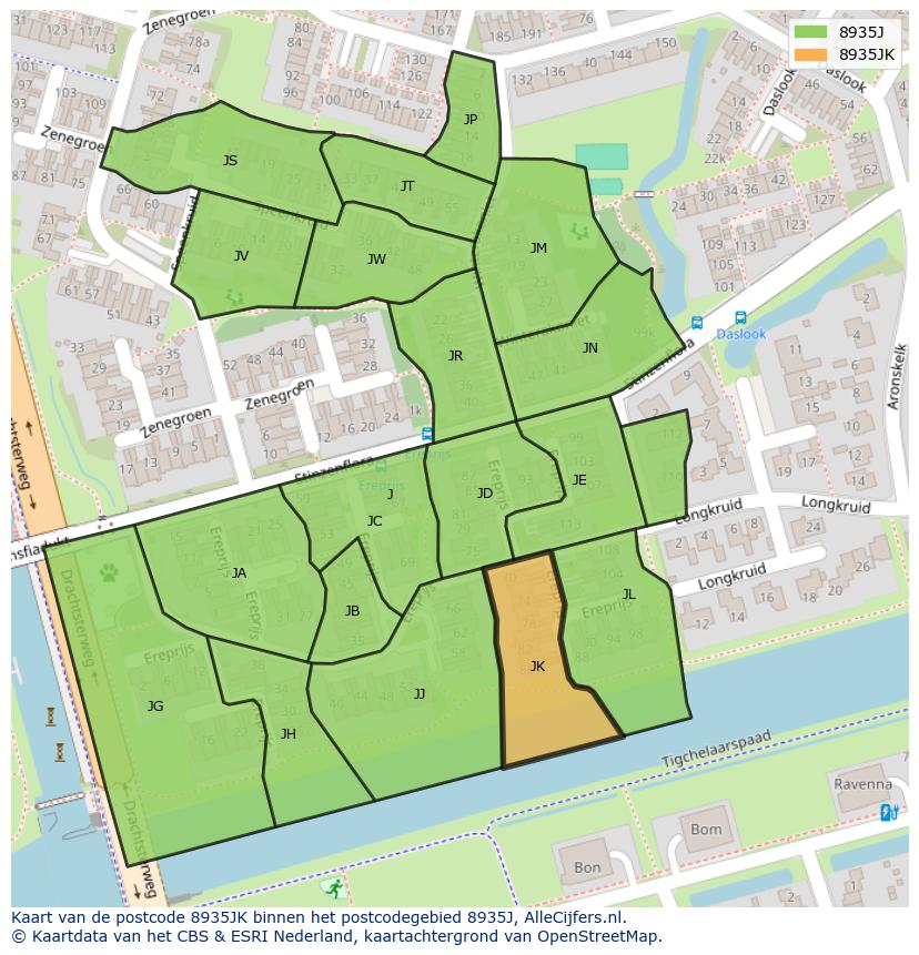 Afbeelding van het postcodegebied 8935 JK op de kaart.