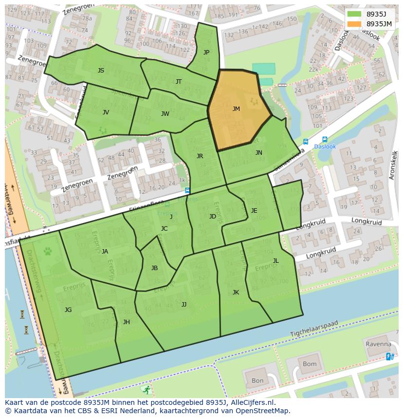 Afbeelding van het postcodegebied 8935 JM op de kaart.