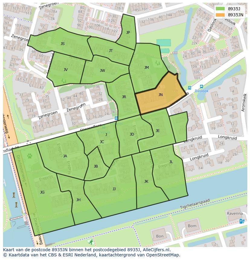 Afbeelding van het postcodegebied 8935 JN op de kaart.