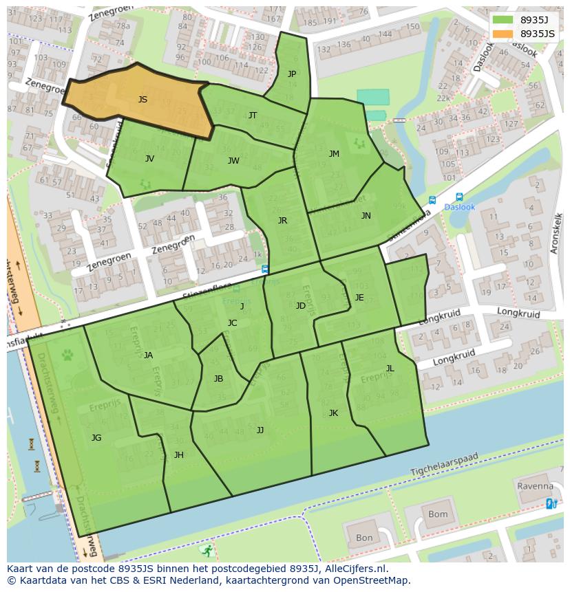 Afbeelding van het postcodegebied 8935 JS op de kaart.